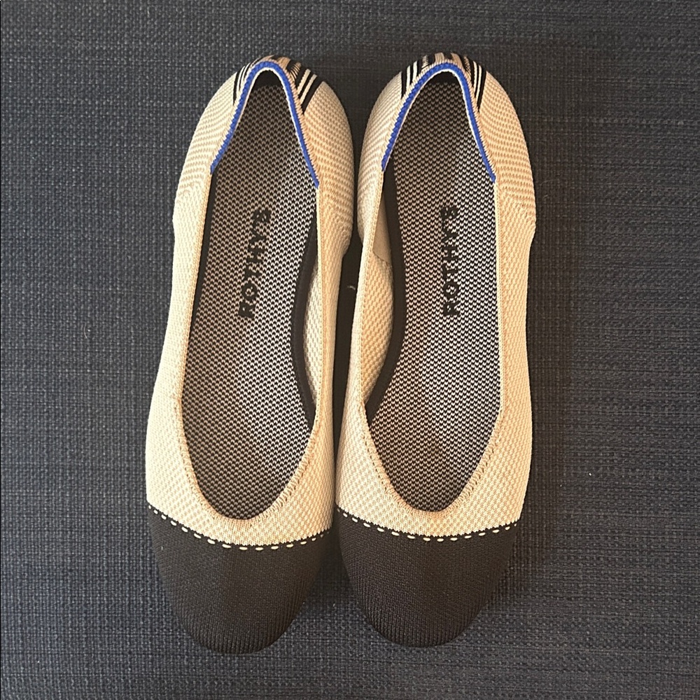 Rothy's Women's Black and Cream Loafers with Blue Accents
